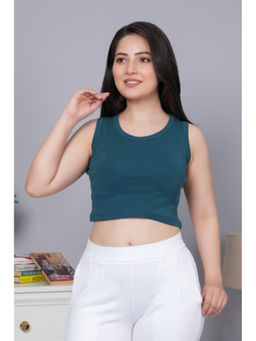 MLADA - Women Solid Cotton Round Neck Regular Fit Rib Knit Teal Crop Top