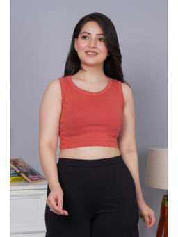 MLADA - Women Solid Cotton Round Neck Regular Fit Rib Knit Rust Crop Top