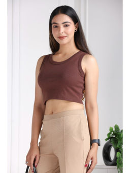 MLADA - Women Solid Cotton Round Neck Regular Fit Rib Knit Brown Crop Top