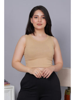 MLADA - Women Solid Cotton Round Neck Regular Fit Rib Knit Beige Crop Top