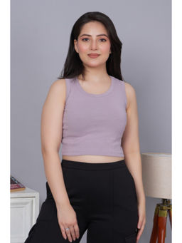 MLADA - Women Solid Cotton Round Neck Regular Fit Rib Knit Lavender Crop Top