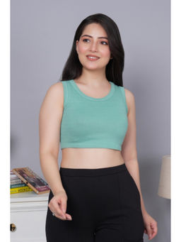 MLADA - Women Solid Cotton Round Neck Regular Fit Rib Knit Green Crop Top