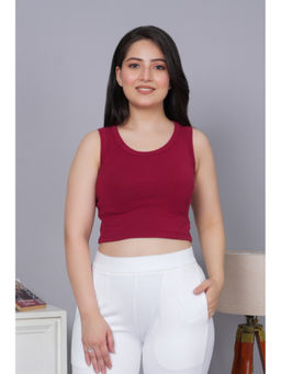 MLADA - Women Solid Cotton Round Neck Regular Fit Rib Knit Red Crop Top