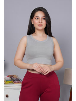 MLADA - Women Solid Cotton Round Neck Regular Fit Rib Knit Grey Crop Top