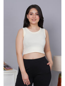 MLADA - Women Solid Cotton Round Neck Regular Fit Rib Knit Off White Crop Top