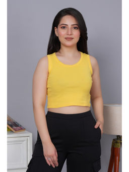 MLADA - Women Solid Cotton Round Neck Regular Fit Rib Knit Yellow Crop Top