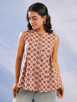 SANSKRUTIHOMES - Brown Ethnic Motifs Print Mandarin Collar Cotton Top for Women
