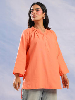 SANSKRUTIHOMES - Orange Solid Mandarin Collar Pure Cotton Top for Women