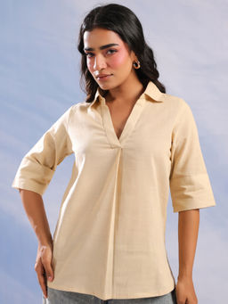 SANSKRUTIHOMES - Beige Solid Shirt Collar Cotton Top for Women
