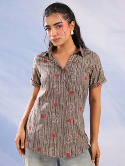SANSKRUTIHOMES - Grey Printed Shirt Collar Cotton Top for Women