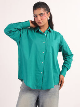 SANSKRUTIHOMES - Teal Solid Spread Collar Cotton Shirt for Women
