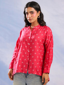 SANSKRUTIHOMES - Pink Ethnic Motifs Printed Mandarin Collar Shirt for Women