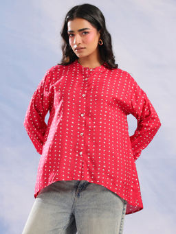 SANSKRUTIHOMES - Pink Ethnic Motifs Mandarin Collar Casual Shirt for Women