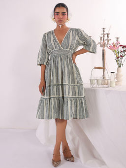 SANSKRUTIHOMES - Green V-Neck Stripes Print Cotton Knee Length Dress for Women