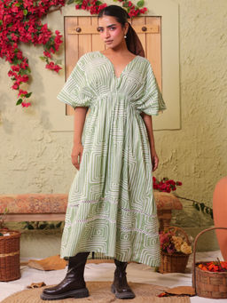 SANSKRUTIHOMES - Green V-Neck Printed Cotton Midi Dress for Women