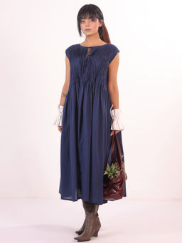 SANSKRUTIHOMES - Navy Blue Round Neck Solid Cotton Dress for Women