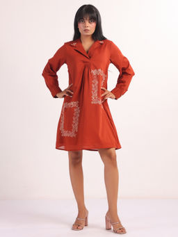 SANSKRUTIHOMES - Rust Cotton Mini Dress for Women