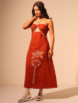 SANSKRUTIHOMES - Rust Halter Neck Embroidered Print Cotton Midi Dress for Women
