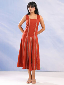 SANSKRUTIHOMES - Rust Square Neck Ethnic Printed Cotton Dress for Women