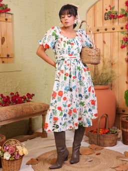 SANSKRUTIHOMES - Multi-Colour Square Neck Floral Print Cotton Midi Dress for Women