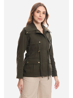 Virgio - Solid Cotton Olive Winter Coat with Flange for Women