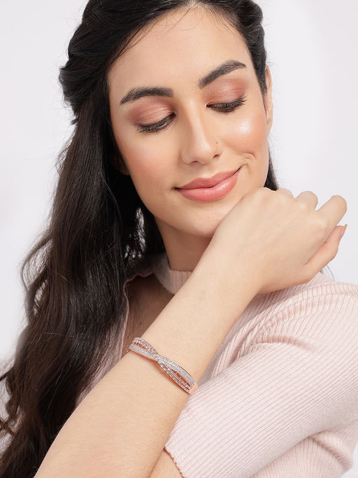 Sohi Women Rose White Brass American Diamond Bangle Style Bracelet