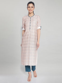 Aurelia - Orange Mandarin Neck Check Print Kurta