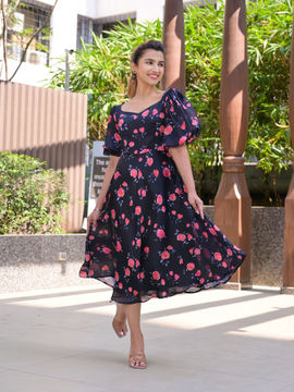 black floral fit and flare dress