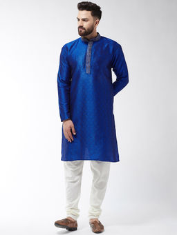 SOJANYA - Men Silk Blend Royal Blue Kurta And Off White Churidar Pyjama (Set of 2)