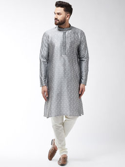 SOJANYA - Silk Blend Grey Kurta and Off White Churidar Pyjama (Set of 2)