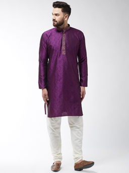 SOJANYA - Silk Blend Purple Kurta and Off White Churidar Pyjama (Set of 2)