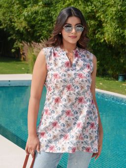 Gahan - Cotton Sequinned & Embellished with Floral Printed Off White Short Tunic