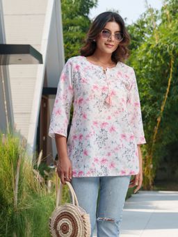 Gahan - Cotton Sequinned & Embellished with Floral Printed White Short Tunic
