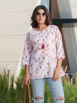 Gahan - Cotton Sequinned & Embellished with Floral Printed White Short Tunic