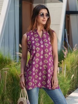 Gahan - Cotton Sequinned & Embellished with Ethnic Motifs Printed Purple Short Tunic