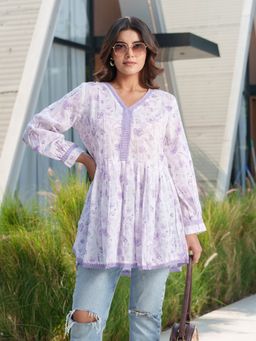 Gahan - Cotton Sequinned & Embellished with Floral & Lace Work White Peplum Tunic