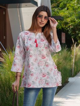 Gahan - Cotton Sequinned & Embellished with Floral Printed White Short Tunic