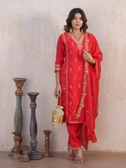 Gahan - Raw Silk Festive Neck Sequinned & Embellished Red Kurta Pant & Dupatta (Set of 3)