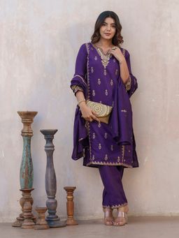 Gahan - Raw Silk Festive Neck Sequinned & Embellished Purple Kurta Pant & Dupatta (Set of 3)