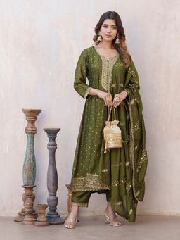 Gahan - Raw Silk Festive Yoke Embroidered & Sequinned Olive Anarkali Pant & Dupatta (Set of 3)