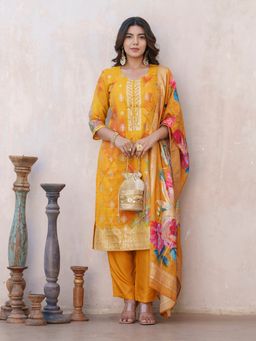Gahan - Raw Silk Festive Yoke Embroidered & Printed Mustard Kurta Pant & Dupatta (Set of 3)