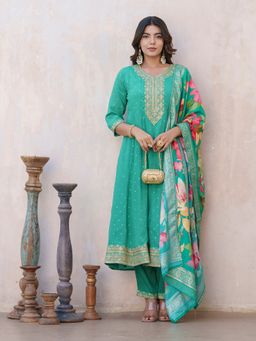 Gahan - Raw Silk Festive Yoke Embroidered & Printed Turquoise Anarkali Pant & Dupatta (Set of 3)