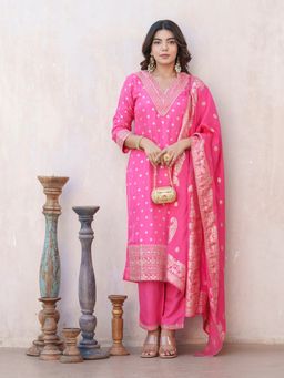 Gahan - Viscose Festive Neckline Embroidered & Printed Pink Kurta Pant & Dupatta (Set of 3)