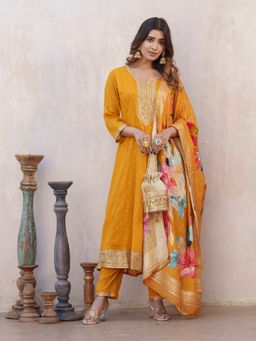 Gahan - Art Silk Festive Yoke Embroidered & Printed Mustard Anarkali Pant & Dupatta (Set of 3)