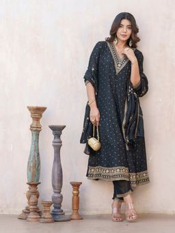 Gahan - Art Silk Neckline Embroidered & Bandhani Black Anarkali Pant & Dupatta (Set of 3)