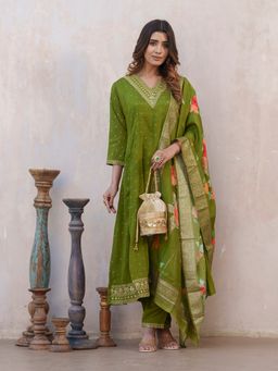 Gahan - Art Silk Neckline Embroidered & Bandhani Green Anarkali Pant & Dupatta (Set of 3)