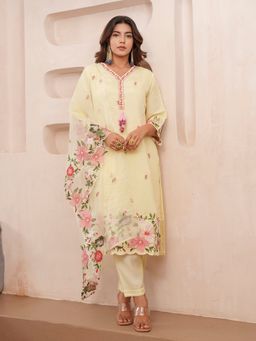 Gahan - Modal Chanderi Festive Floral Embroidered Yellow Kurta Pant & Dupatta (Set of 3)