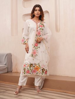 Gahan - Modal Chanderi Festive Floral Embroidered White Kurta Pant & Dupatta (Set of 3)