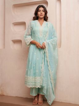 Gahan - Organza Festive Floral Embroidered & Sequinned Blue Anarkali Pant & Dupatta (Set of 3)