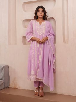 Gahan - Cotton Floral Embroidered & Sequinned Lavender Anarkali Pant & Dupatta (Set of 3)